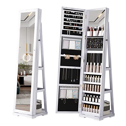 OUTDOOR DOIT 360° Rotating 66'' Jewelry Armoire with Lockable,Full Length Mirror Large Capacity Jewelry Organizer Armoire,Floor Standing Mirror with Back Storage Shelves for Bedroom, Cloakroom