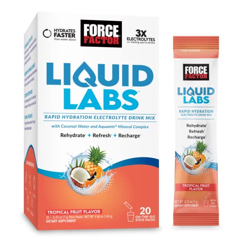 FORCE FACTOR Liquid Labs Electrolytes Powder, Hydration Packets to Make Electrolyte Water with 5 Essential Electrolytes, Vitamins, Minerals, and Antioxidants, Tropical Fruit Flavor, 20 Stick Packs