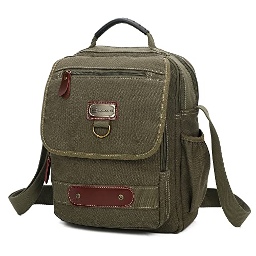 Sunsomen Small Canvas Messenger Bag Man Purse Canvas Shoulder Bag Crossbody Bag With Water Bottle Pocket 12 Inch (Army green)