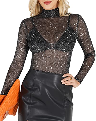 MANGOPOP Glitter Sheer Mesh Top Women Long Sleeve Sexy Shirt See Through Clubwear Tee Slim Blouse