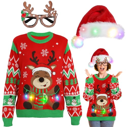 Liitrsh Christmas Light up LED Reindeer Knitted Ugly Sweater for Women Man Santa Hat Christmas Glasses for Holiday Party(Medium)
