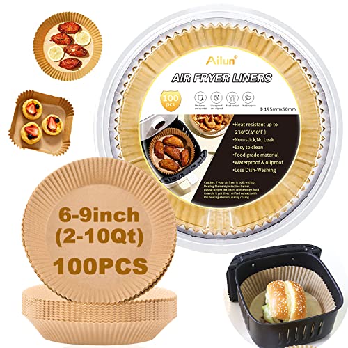 Ailun Air Fryer Paper Liners 8inch, 100PCS Non-Stick Parchment Paper,Oil Resistant,Disposable Food Grade Free of Bleach Paper Round for 5-8 QT Air Fryer Baking Roasting Microwave