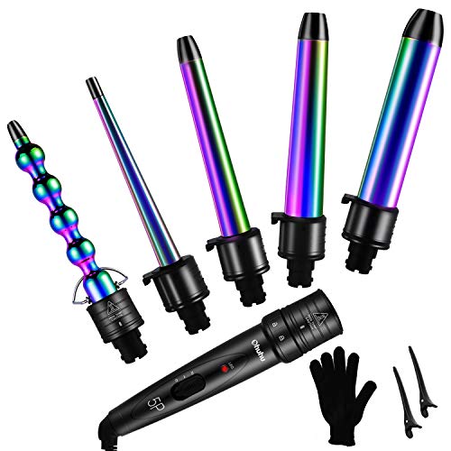 5 in 1 Curling Iron Wand Set: Ohuhu Curling Wand 5Pcs 0.35 to 1.25 Inch Interchangeable Ceramic Barrel with Heat Protective Glove 2 Clips Dual Voltage Hair Curler for Women Christmas Gift Rainbow