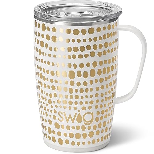 Swig 18oz Travel Mug, Insulated Tumbler with Handle and Lid, Cup Holder Friendly, Dishwasher Safe, Stainless Steel Insulated Coffee Mug with Lid and Handle (Glamazon Gold)