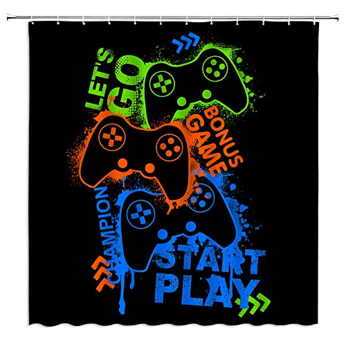 SRAUYST Gamer Shower Curtain Video Game Gamepad Controller Classic Boys Joypad Gaming Splash Colorful Paint Graffiti Fabric Bathroom Decor Sets with Hooks