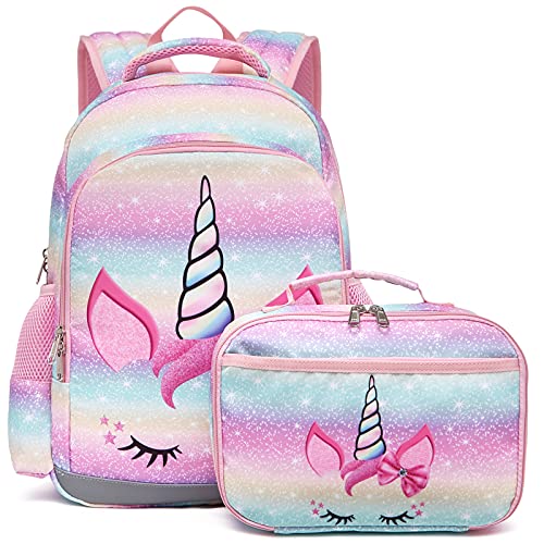 Octsky Backpack for Girls, Kids backpacks Preschool Kindergarten Bookbag Cute Lightweight With Chest Strap and Lunchbox (Unicorn)
