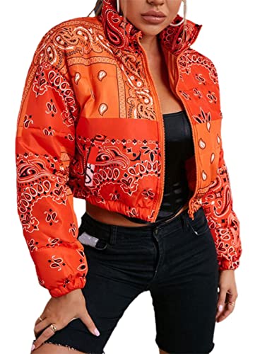 Tanming Women's Winter Warm Bandana Print Puffer Cropped Jacket Bubble Short Coat（Orange-S）