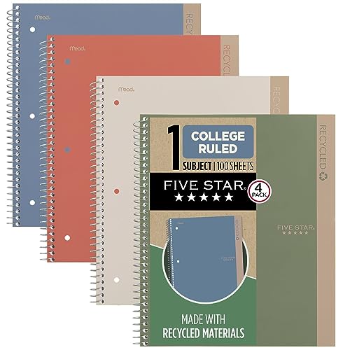 Five Star Spiral Notebooks + Study App, Recycled Cover, 4 Pack, 1 Subject, College Ruled Paper, 8-1/2” x 11', 100 Sheets per Notebook, Zion Clay, Olympic Green, Glacier Blue, Smoky Gray(820046)