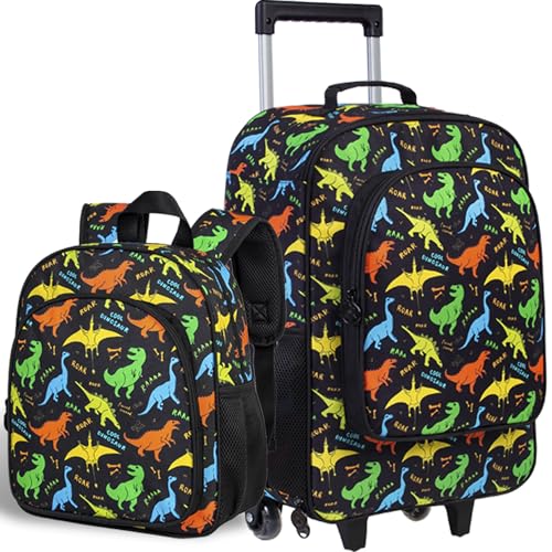 ZLYERT 2PCS Kids Luggage, Boys Carry on Rolling Suitcase and 12' Backpack Set, Dinosaur Travel Suitcases for Toddler Children - Black