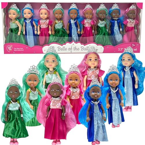 Little Dolls Set with Mini Princess Dolls for Girls – Princess Toy Dolls for Dollhouse –Small Doll Mini Princess Figures with Tiaras, Hair, Accessories –Tiny 5.5” Miniature Mini Dolls Set of 9