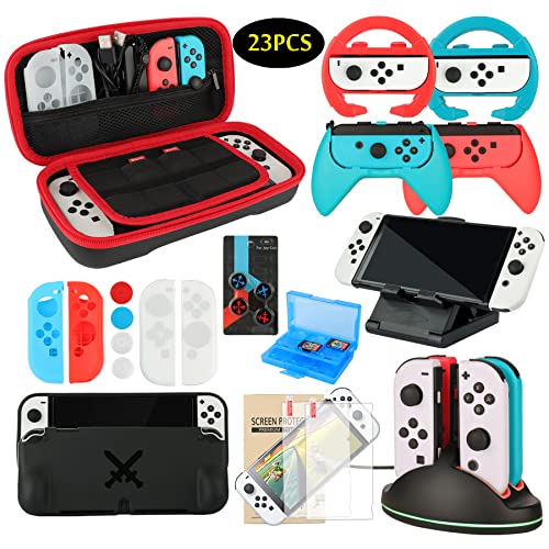 Accessories Bundle Pack for Nintendo Switch OLED Model(2021), Family Party Kit with Carrying Case, Joy Con Charging Dock& Grips& Covers, Steering Wheels, Mount, Screen Protectors, Caps(23 in 1)
