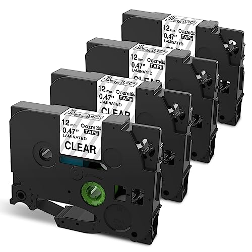 Oozmas Replacement for Brother P-Touch Label Tape Clear 12mm 0.47 Laminated Clear Tape TZe-131 TZe TZ Label Maker Tape Black on Clear Work for Ptouch PTH110 PTD210 Refills, 1/2 Inch x 26.2 ft, 4-Pack
