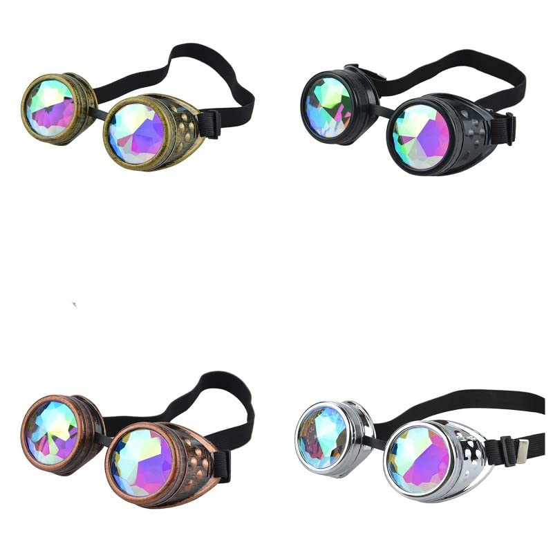 Hovico 4pcs Kaleidoscope Rave Rainbow Crystal Lenses Steampunk Goggles Welding Cyber Punk Gothic Cosplay Sunglasse