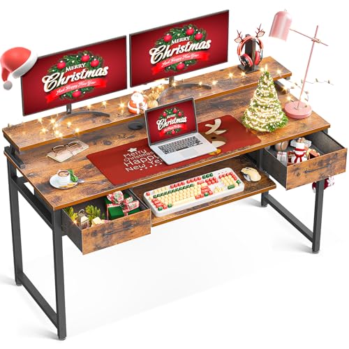 ODK Computer Desk Study Table, 55 Inch Office Desk with Drawers and Keyboard Tray, Study Desk Work Desk with Monitor Shelf, Writing Desk with Storage for Home Office, Rustic Brown