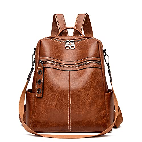 Maxoner Small Leather Womens Backpack Purse for Women Brown Fashion Convertible Bookbag, Shoulder Handbag Travel Bag Satchel Rucksack Ladies Sling Bag (Faux Leather Brown)