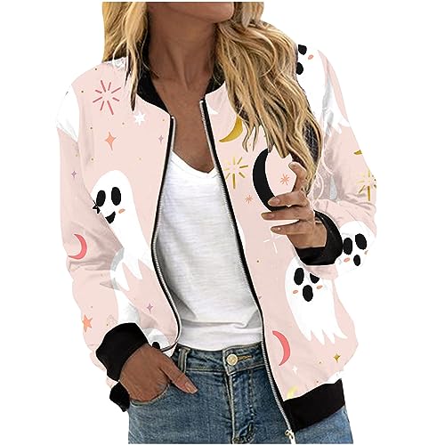 Women's Halloween Bomber Jacket Fashion Long Sleeve Open Front Suiting Jackets Lightweight Zip Cardigan Casual Outwear