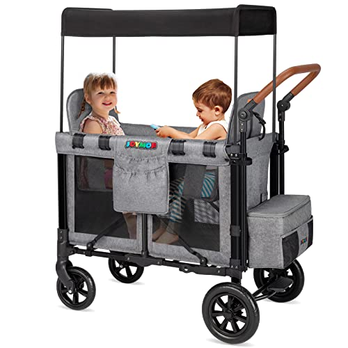 JOYMOR Face to Face 2 High Seats Folding Stroller Wagon for 2 Kids with Protection 5-Point Harnesses Button Buckle, Removable UV-Protection Canopy, Storage Pockets, Zipper Door