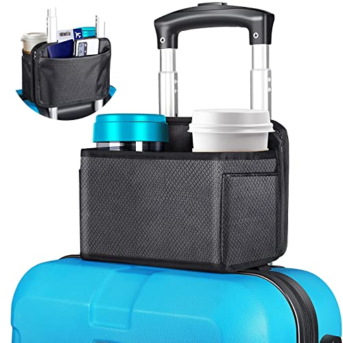 Travel Cup Holder for Luggage, [Pocket Design for Phone & Passport] Spopal Free Hand Drink Holder Fit on Suitcase Handle, Luggage Cup Holder for Beverage, Coffee Mug, Gifts for Flight Attendants