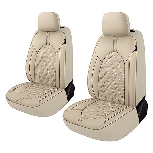 Caromop Luxury Leather Car Seat Covers Front Set, Anti-Stain Waterproof Automotive Seat Covers for Cars, Universal Car Interior Covers Seat Protectors for Sedans SUVs Pick-up Trucks (Beige/Beige Line)