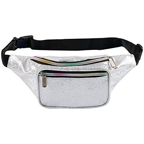 Holographic Fanny Pack– Fashion Rave Waist Bag with Adjustable Belt for Women and Men (Gravel Silver)