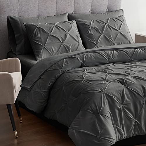 Maple&Stone Queen Comforter Set 7 Pieces Pinch Pleat Bed in A Bag, Dark Grey Comforter Sets Pintuck with Comforter Sheets Pillowcases & Shams, Bedding Sets for Queen Size Bed 88x88 inches