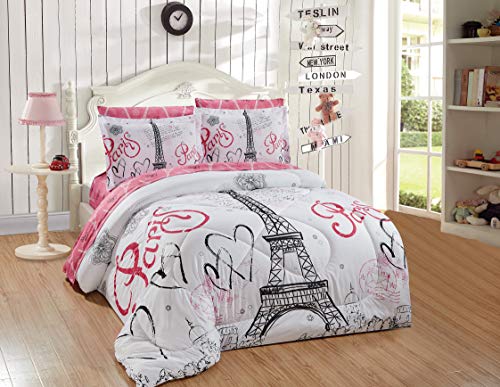 Home Collection Queen Size Comforter And Sheet Set Paris Eiffel Tower Hearts Flowers for Girls/Teens White Pink Black Pink/ White New