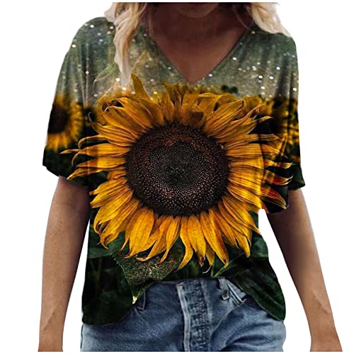 oelaio Buy Again My Orders All Over Printed Tops for Womens Cute Animal Print V-Neck Tshirt Short Sleeve Sunflower Graphic Soft Blouse
