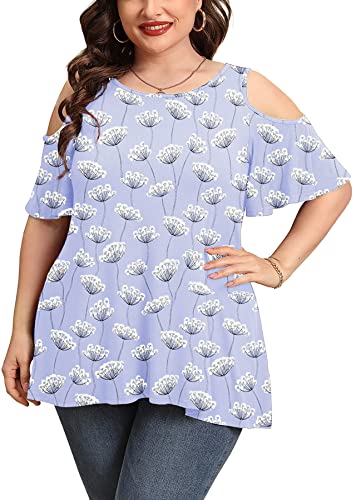 AusLook Plus Size Tunic for Women Cold Shoulder Blouse Blue Dandelion 2X Clothes Short Sleeve Clothing Crewneck Summer Top Maternity Loose Fitting Shirt