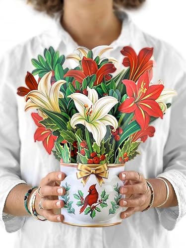 Freshcut Paper Pop Up Cards, Winter Joy, 12 inch Life Sized Forever Flower Bouquet 3D Popup Christmas, Winter, Holiday Greeting Cards with Note Card and Envelope, Christmas Decorations
