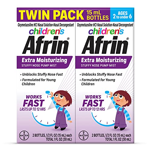 Afrin Childrens, Extra Moisturizing Stuffy Kids Nasal Spray Pump Mist, Up to 12 Hour Nasal Congestion Relief for Cold or Allergy Symptoms, for Children Ages 2-6 - Twin Pack, 30 mL