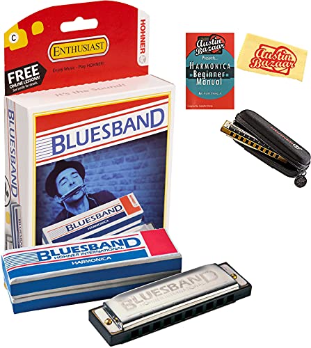 Hohner Blues Band Harmonica - Key of C Bundle with Zip Case, Instructional Manual, and Austin Bazaar Polishing Cloth