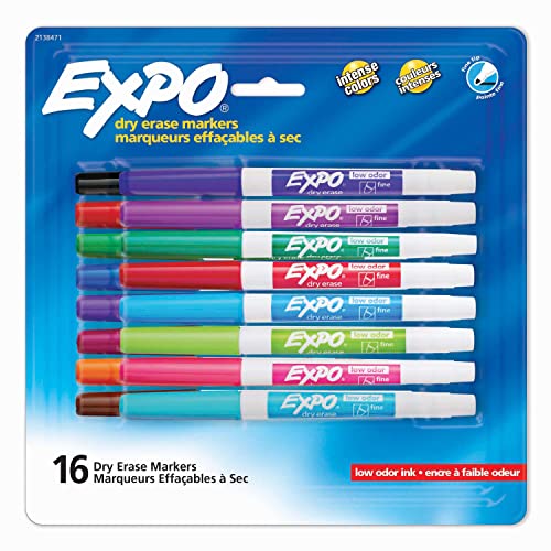 EXPO Dry Erase Markers, Whiteboard Markers with Low Odor Ink, Fine Tip, Assorted Vibrant Colors, 16 Count