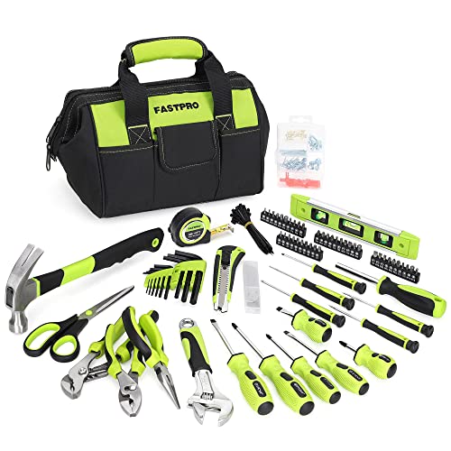 FASTPRO 220-Piece Home Tool Set, Household Repairing Tool Kit, with 12-Inch Wide Mouth Open Storage Tool Bag, Green