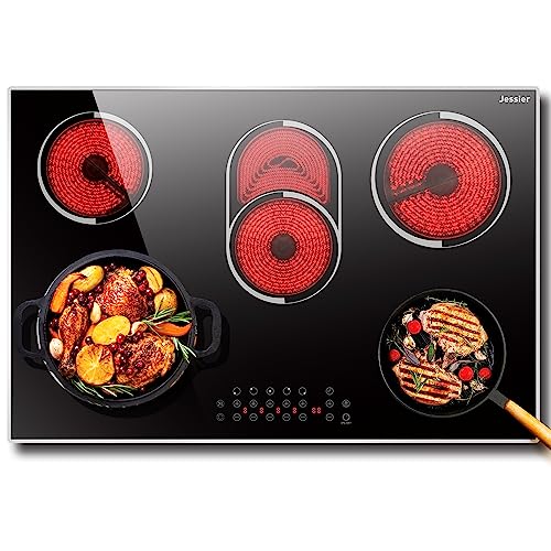 Jessier Electric Cooktop 30 Inch - 5 Burners Countertop & Built-in Ceramic Cooktop, Electric Stove Top with Glass Protection Metal Frame, 9 Heating Level, 8400W, 220-240V for Hard Wire(No Plug)