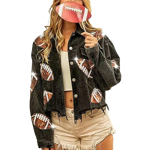 Ynhonra Women's Cropped Corduroy Jacket Football Sequin Patched Short Button Down Distressed Raw Hem Shacket Jacket Coat(0315-Black-M)