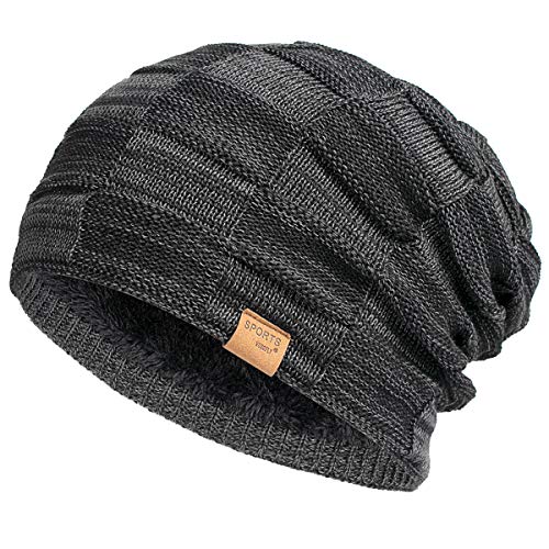 Vgogfly Slouchy Cool Beanie for Men Guys Lined Knit Warm Thick Skully Stocking Binie Winter Hat Black