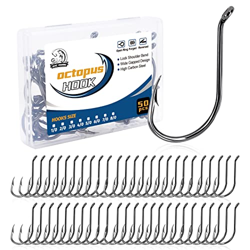 UCEC Fishing Hooks Octopus Hooks for Saltwater Freshwater High Carbon Steel Offset Circle Octopus Catfish Hooks for Catfish Trout Fishing Size 1/0 3/0 5/0, 50pcs/Box