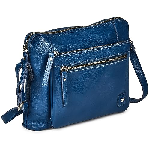 Wise Owl Accessories Small Soft Pebbled Real Leather Crossbody Handbags Purses Triple Zip Premium Sling Crossover Shoulder Bag for Women Gift (Sapphire Blue Nappa)