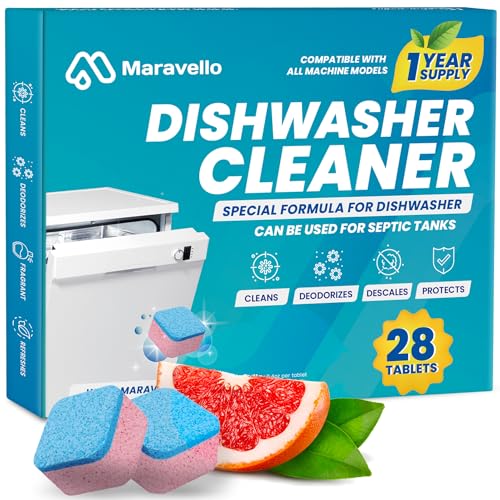 Dishwasher Cleaner and Deodorizer 28 Tablets: Maravello Clean Dish Washer Machine Detergent Tabs - Deep Cleaning Descaler Pods - Remove Limescale/Hard Water/Calcium/Grease and Odor - Septic Tank Safe