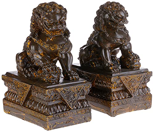 Design Toscano Chinese Guardian Lion Foo Dog Asian Decor Statues, 9 Inch, Set of Two Male and Female, Polyresin, Bronze Finish