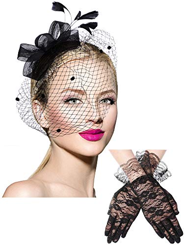 Bowknot Fascinator Hat Tea Party Hat Feathers Veil Mesh Headband and Short Lace Gloves Floral Lace Gloves (Black, Adult)