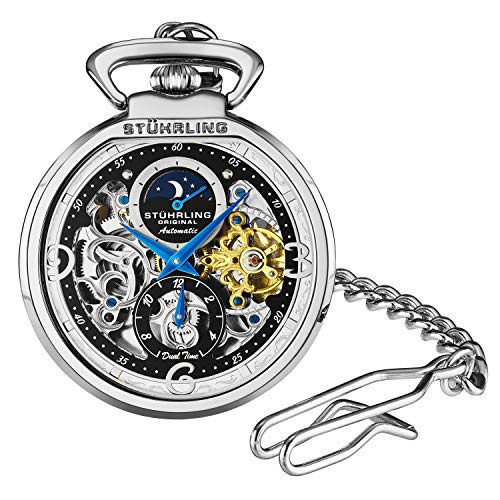 Stuhrling Orignal Mens Automatic Pocket Watch Skeleton Dial Mechanical Movement with and Stainless Steel Chain -Dual Time AM/PM Sun Moon Subdial