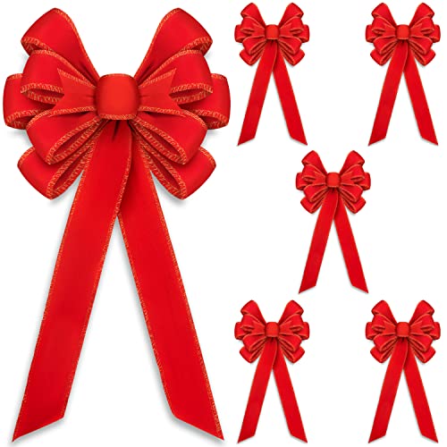 Gift Boutique 6 Pack Red Velvet Christmas Bows Large 11. 5” by 23” 10 Loop with Gold Wire Trim for Outdoor Wreath Bow Garland Decoration Ribbon Kitchen Wreaths Decor Xmas Tree Holiday Decorations