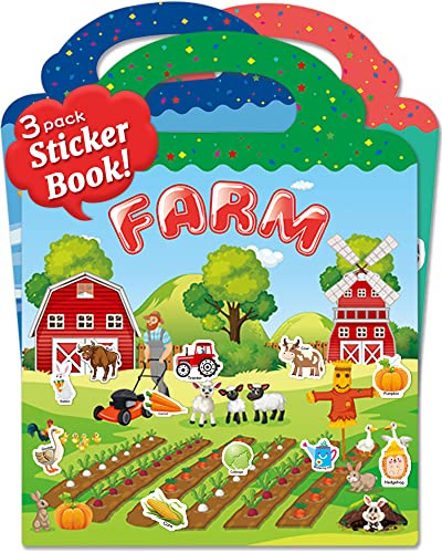 Benresive Reusable Sticker Book for Kids 2-4,3 Sets Fun Travel Stickers for Kid, Toddler Toys Age 2-4,115 Pcs Cute Waterproof Stickers for Teens Girls Boys - Ocean Animals, Farm and Seasons