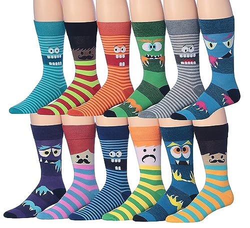 JAMES FIALLO Mens 12-Pairs Kid-friendly Cute Monster Funny Funky Crazy Novelty Colorful Patterned Dress Socks, M182-T1