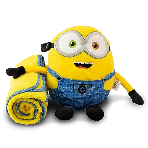 Roamwild Universal Despicable Me Bob Minions Kids Travel Pillow and Travel Blanket Set – Soft Plush Armrest Buddy Transforms Any Armrest Into a Comfy Childs Pillow for Travelling