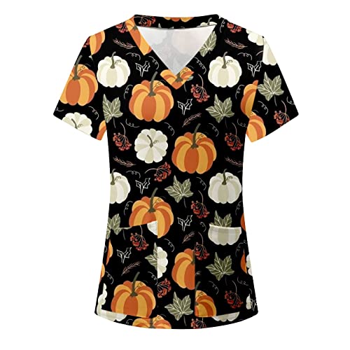 Halloween Shirts for Women,Casual Nurse Scrub T Shirt Fashion Cute Harajuku Graphic Top Slim fit Blouse,Ladies Short Sleeve V-Neck Dressy Tee Shirt Fall Costumes Uniform(D-Black,XX-Large)