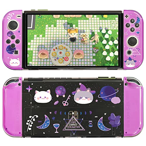 Starry Forest Cute Protective Cases for Nintendo Switch OLED with joycon stick covers, Dockable slim cover for Switch OLED console, glossy clear black purple shell- Cat Divination (For Switch OLED)