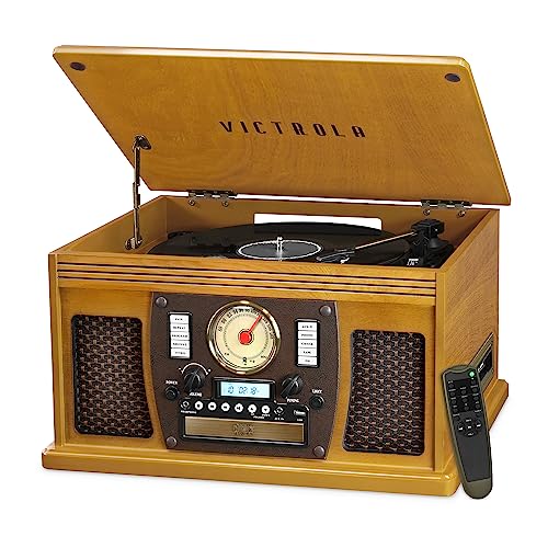 Victrola 8-in-1 Bluetooth Record Player & Multimedia Center, Built-in Stereo Speakers - Turntable, Wireless Music Streaming, Real Wood | Oak