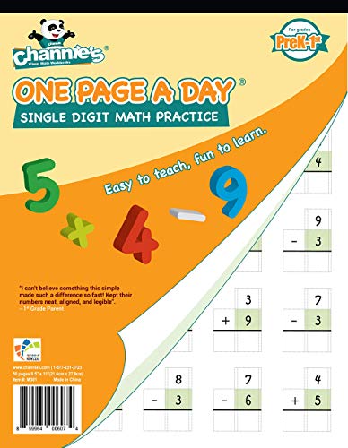 Channie’s One Page A Day Single Digit Addition & Subtraction Workbook for Pre-Kindergarten - 1st Grade Elementary School Students, Single Digit Math Practice, 50 Pages
